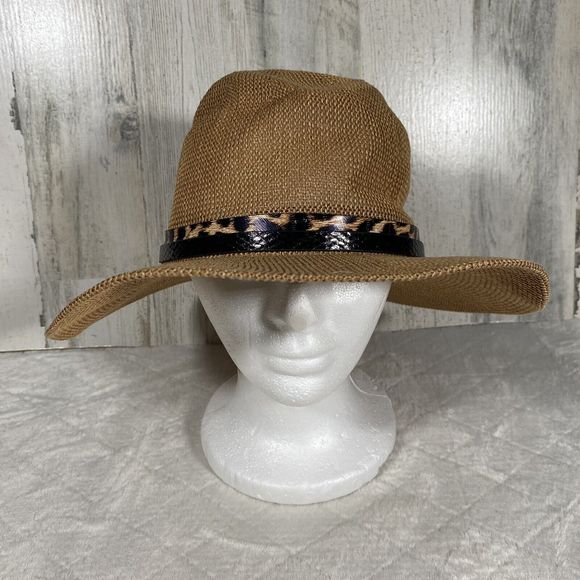 Vince Camuto Sun Hat Straw Floppy Hat Tan Black Cheetah Print Band Adjustable - Picture 2 of 6